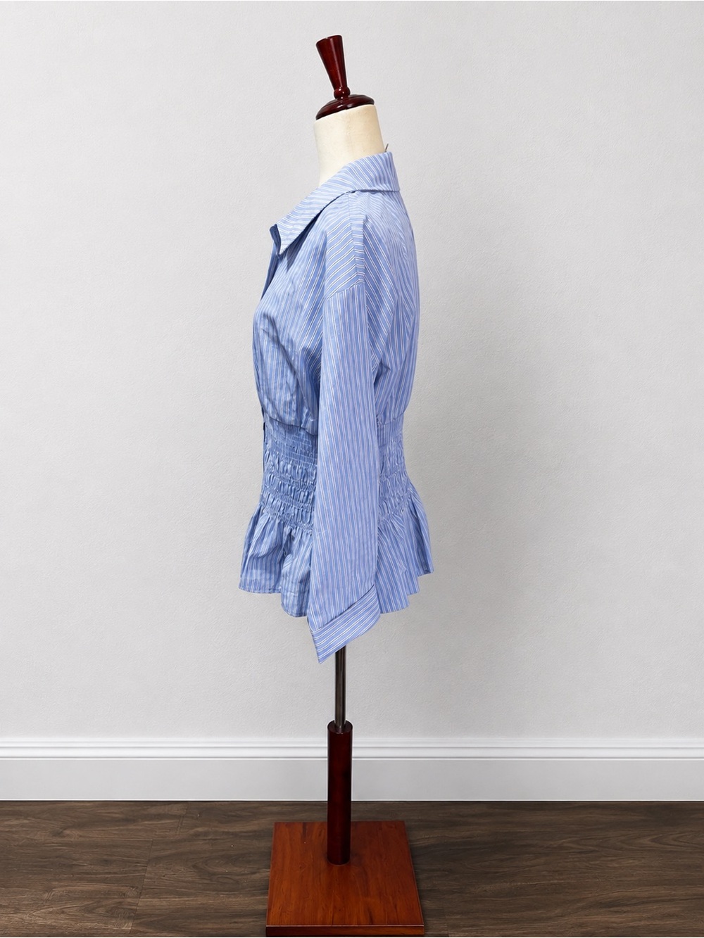 Maeve Anthropologie NWT Smocked Peplum Blue Stripe Cotton Blouse L - Picture 4 of 9
